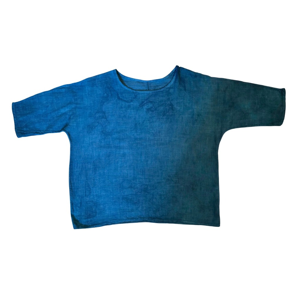 Hand Dyed Artsy Teal Blue Linen Boxy Top Oversized Scoop Neck Elbow Sleeve Top L
